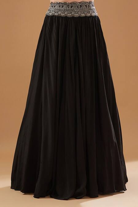 BAIDEHI Black Crepe Embroidery, Cut Work Solid Crop Top And Skirt Set Online at Aza Fashions BAIDEHI_Black Crepe Embroidery, Cut Work Solid Crop Top And Skirt Set _Online_at_Aza_Fashions