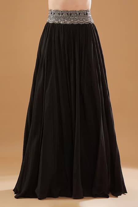 BAIDEHI_Black Satin, Silk Sequins, Beads, Cut Work Hand Embroidered Blouse Lehenga Set _Online_at_Aza_Fashions