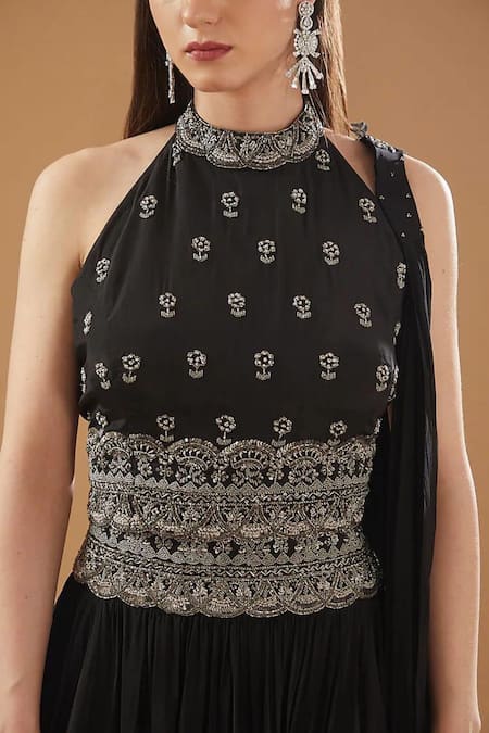 Buy_BAIDEHI_Black Satin, Silk Sequins, Beads, Cut Work Hand Embroidered Blouse Lehenga Set _Online_at_Aza_Fashions
