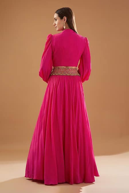 Shop BAIDEHI Fuchsia Crepe Cut Work, Pearls, Sequins Balloon Sleeve Crop Top And Skirt Set at Aza Fashions Shop_BAIDEHI_Fuchsia Crepe Cut Work, Pearls, Sequins Balloon Sleeve Crop Top And Skirt Set _at_Aza_Fashions