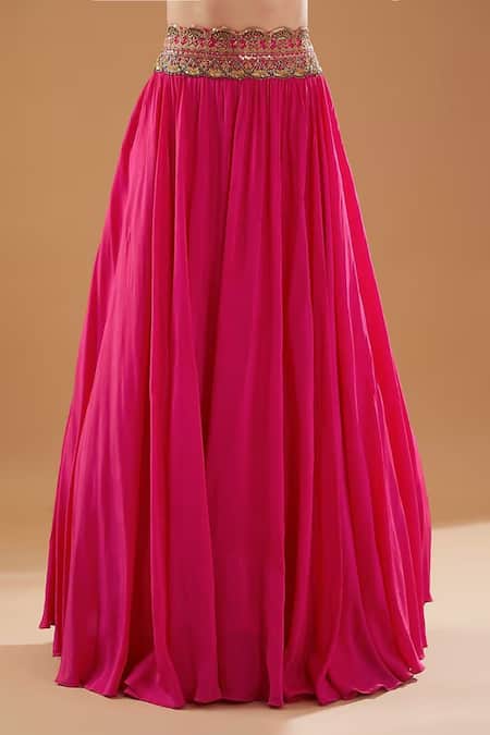 Buy BAIDEHI Fuchsia Crepe Cut Work, Pearls, Sequins Balloon Sleeve Crop Top And Skirt Set Online at Aza Fashions Buy_BAIDEHI_Fuchsia Crepe Cut Work, Pearls, Sequins Balloon Sleeve Crop Top And Skirt Set _Online_at_Aza_Fashions