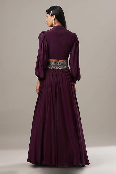 Shop BAIDEHI Wine Crepe Sequins, Pearls, Cut Work Balloon Sleeve Solid Crop Top And Skirt Set at Aza Fashions Shop_BAIDEHI_Wine Crepe Sequins, Pearls, Cut Work Balloon Sleeve Solid Crop Top And Skirt Set _at_Aza_Fashions