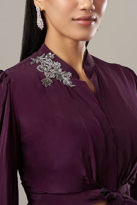 BAIDEHI Wine Crepe Sequins, Pearls, Cut Work Balloon Sleeve Solid Crop Top And Skirt Set Online at Aza Fashions BAIDEHI_Wine Crepe Sequins, Pearls, Cut Work Balloon Sleeve Solid Crop Top And Skirt Set _Online_at_Aza_Fashions