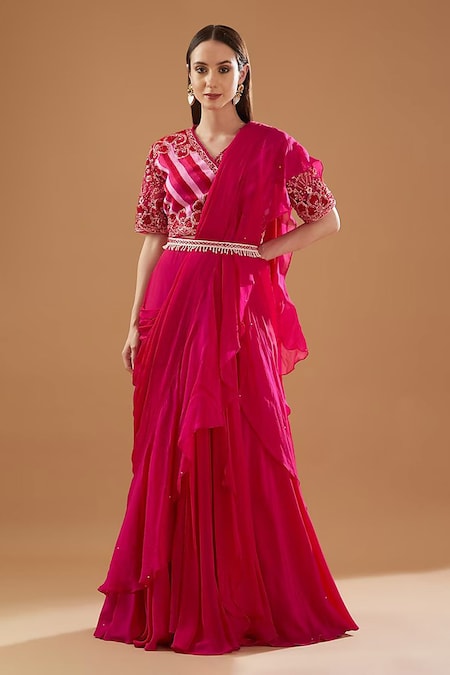 Carmine Pink and Apricot Orange Chiffon and Net Embroidered Party Lehenga  Style Saree Price: $173.85 http://www.s… | Lehenga style saree, Lehenga  style, Saree dress