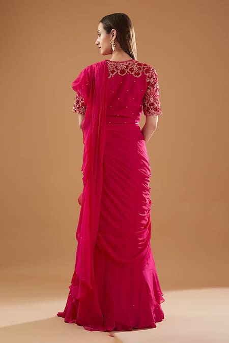 BAIDEHI Fuchsia Crepe Hand Embroidered Cutdana V Pre-draped Lehenga Saree With Blouse  2