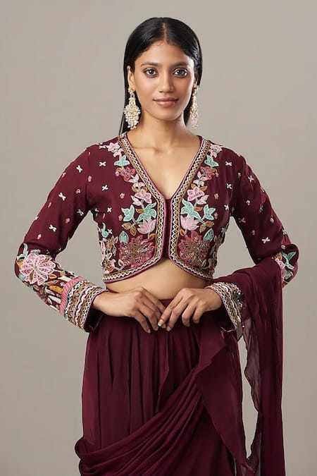 BAIDEHI_Wine Crepe, Chiffon Embroidery V-neck Pre-draped Lehenga Saree With Hand Blouse _Online_at_Aza_Fashions