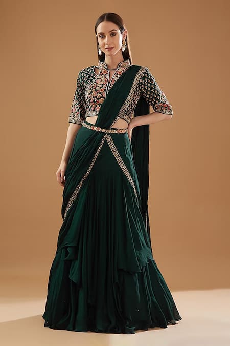 BAIDEHI Pre-Draped Lehenga Saree With Cutdana Embroidered Blouse 