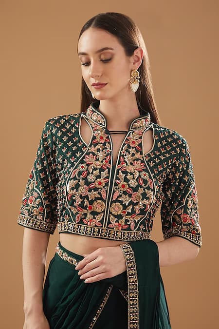 BAIDEHI_Green Silk, Chiffon Cut Work, Pre-draped Lehenga Saree With Cutdana Blouse _Online_at_Aza_Fashions