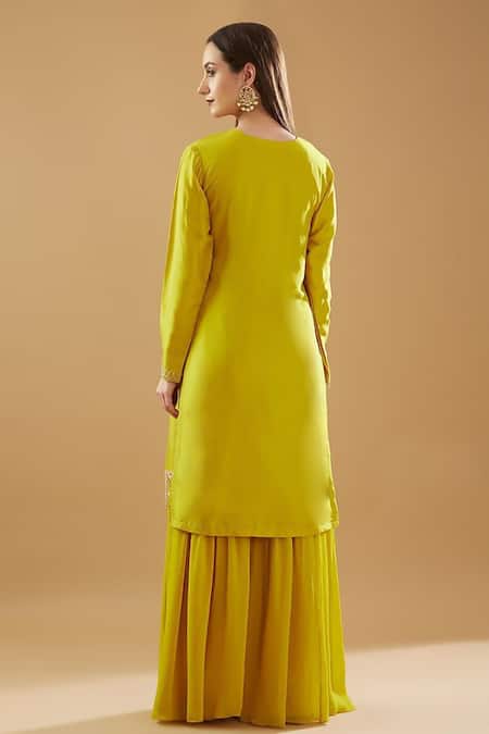 Shop_BAIDEHI_Yellow Bamboo, Georgette, Organza Embroidery, Marodi Kurta And Sharara Set _at_Aza_Fashions