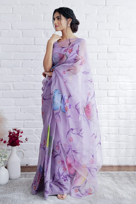 Mangalmay By Aastha_Purple Organza, Modal Aqidat Hand Painted Saree With Unstitched Blouse Piece _Online_at_Aza_Fashions