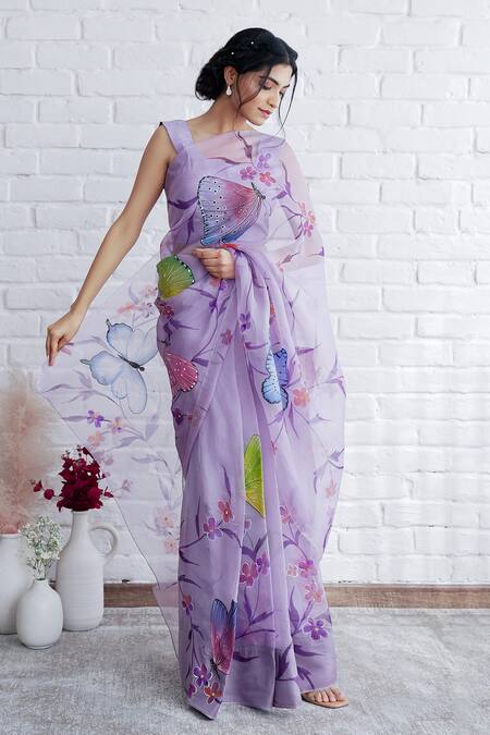 Buy_Mangalmay By Aastha_Purple Organza, Modal Aqidat Hand Painted Saree With Unstitched Blouse Piece _Online_at_Aza_Fashions