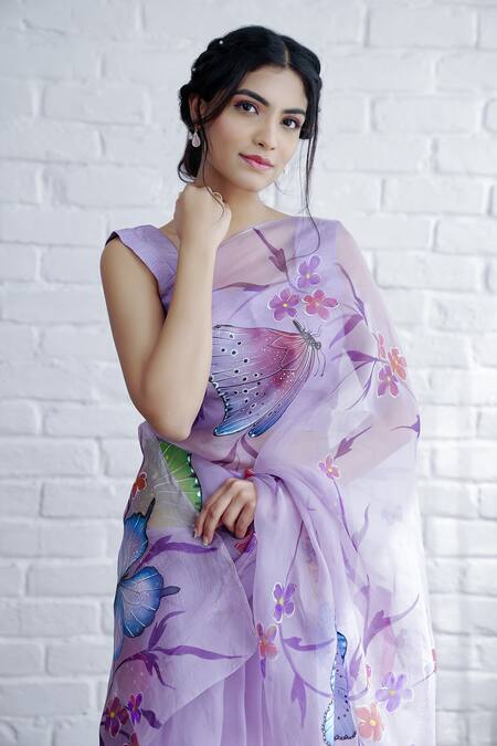Shop_Mangalmay By Aastha_Purple Organza, Modal Aqidat Hand Painted Saree With Unstitched Blouse Piece _Online_at_Aza_Fashions
