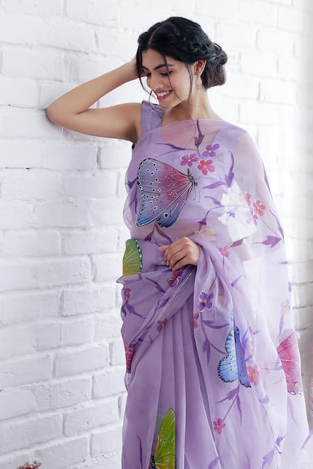 Mangalmay By Aastha_Purple Organza, Modal Aqidat Hand Painted Saree With Unstitched Blouse Piece _at_Aza_Fashions