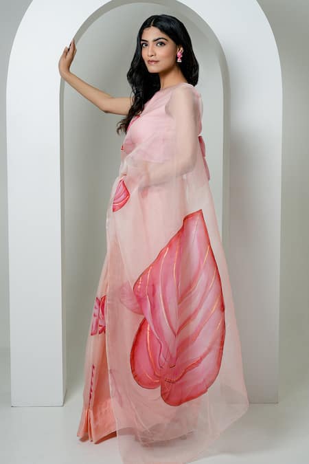 Buy_Mangalmay By Aastha_Pink Saree Pure Organza Hand Painted Dilkashi With Unstitched Blouse Piece _Online_at_Aza_Fashions