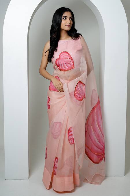 Shop_Mangalmay By Aastha_Pink Saree Pure Organza Hand Painted Dilkashi With Unstitched Blouse Piece _Online_at_Aza_Fashions