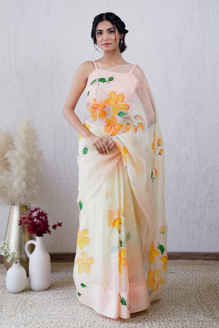 Mangalmay by Aastha Ibadat Floral Hand Painted Saree With Unstitched Blouse Piece 