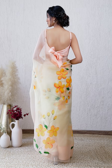 Mangalmay By Aastha Ibadat Floral Hand Painted Saree With Unstitched Blouse Piece 