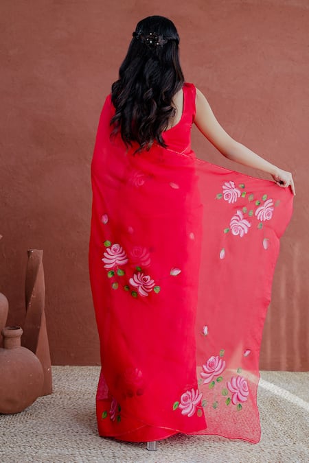 Mangalmay By Aastha Junoon Rose Hand Painted Saree With Unstitched Blouse Piece 