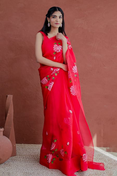 Mangalmay By Aastha_Red Organza, Modal Junoon Rose Hand Painted Saree With Unstitched Blouse Piece _Online_at_Aza_Fashions