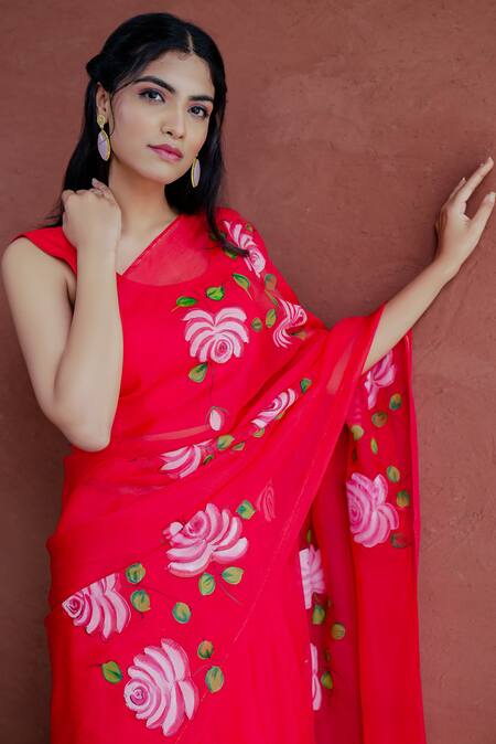 Buy_Mangalmay By Aastha_Red Organza, Modal Junoon Rose Hand Painted Saree With Unstitched Blouse Piece _Online_at_Aza_Fashions