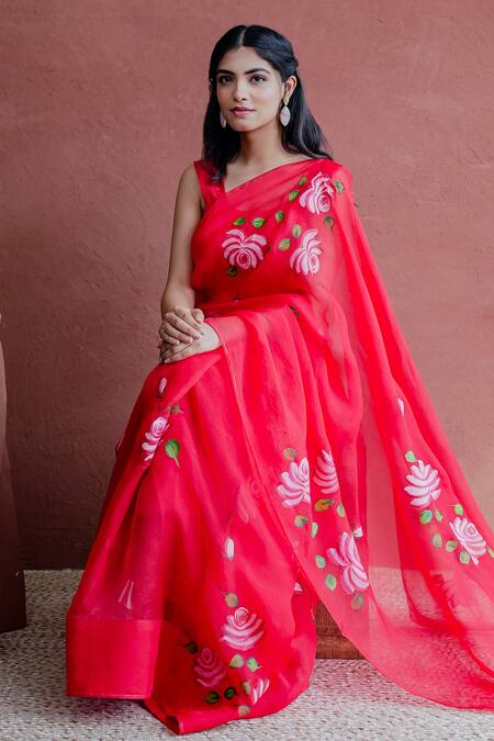 Shop_Mangalmay By Aastha_Red Organza, Modal Junoon Rose Hand Painted Saree With Unstitched Blouse Piece _Online_at_Aza_Fashions