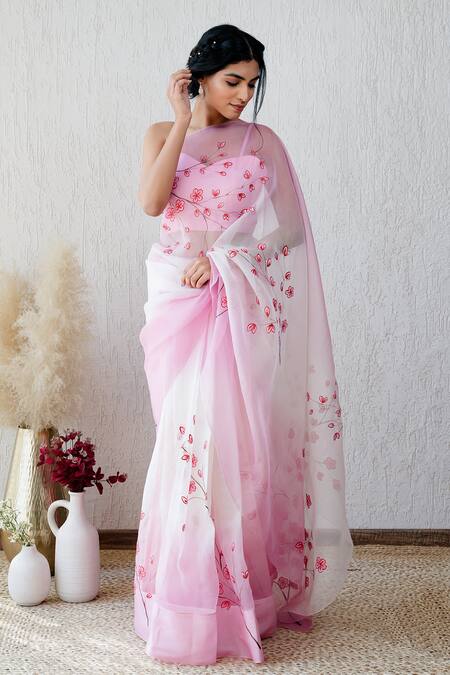 Mangalmay By Aastha_Pink Saree Pure Organza Hand Painted Mohabbat With Unstitched Blouse Piece _Online_at_Aza_Fashions