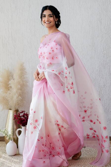 Buy_Mangalmay By Aastha_Pink Saree Pure Organza Hand Painted Mohabbat With Unstitched Blouse Piece _Online_at_Aza_Fashions