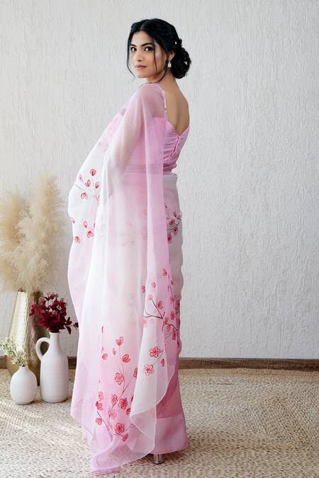 Shop_Mangalmay By Aastha_Pink Saree Pure Organza Hand Painted Mohabbat With Unstitched Blouse Piece _Online_at_Aza_Fashions