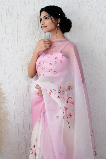 Mangalmay By Aastha_Pink Saree Pure Organza Hand Painted Mohabbat With Unstitched Blouse Piece _at_Aza_Fashions