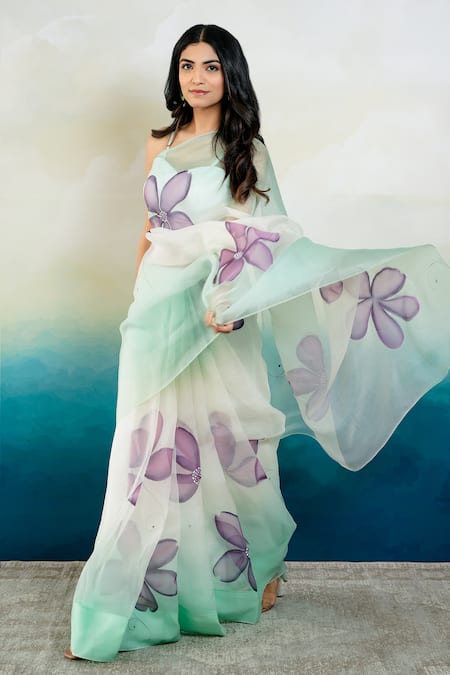 Mangalmay By Aastha_Blue Saree Pure Organza Hand Painted Uns With Unstitched Blouse Piece _Online_at_Aza_Fashions