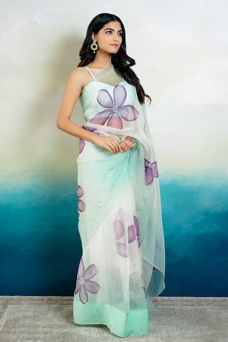 Buy_Mangalmay By Aastha_Blue Saree Pure Organza Hand Painted Uns With Unstitched Blouse Piece _Online_at_Aza_Fashions