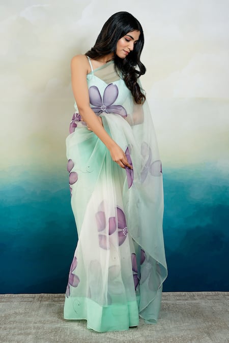 Shop_Mangalmay By Aastha_Blue Saree Pure Organza Hand Painted Uns With Unstitched Blouse Piece _Online_at_Aza_Fashions