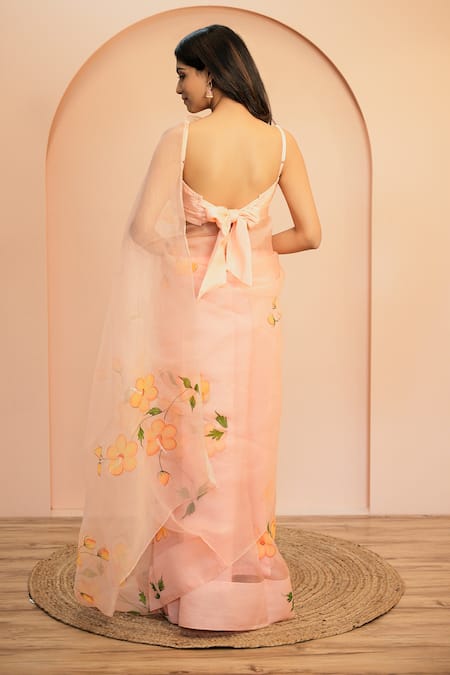 Mangalmay By Aastha Flower Hand Painted Saree With Unstitched Blouse Piece 