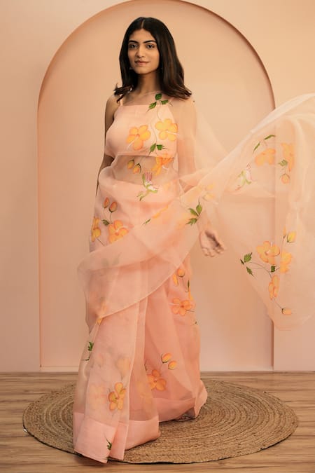 Mangalmay By Aastha Peach Saree Pure Organza Hand Painted Flower With Unstitched Blouse Piece Online at Aza Fashions Mangalmay By Aastha_Peach Saree Pure Organza Hand Painted Flower With Unstitched Blouse Piece _Online_at_Aza_Fashions