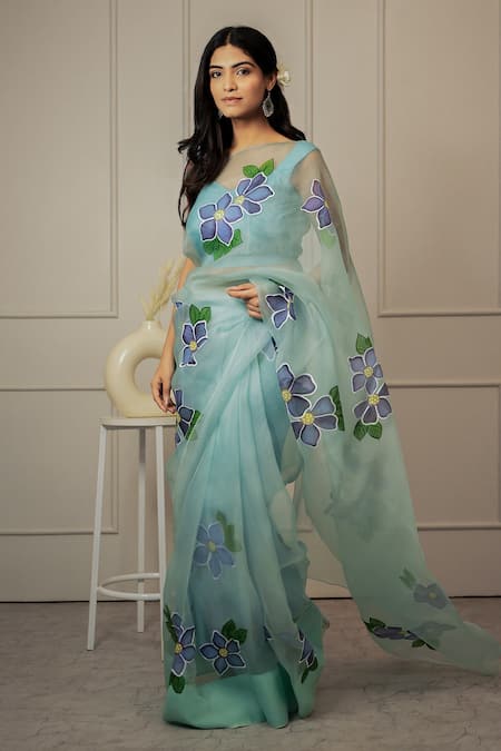 Mangalmay By Aastha_Blue Saree Pure Organza Hand Painted Botanical With Unstitched Blouse Piece _Online_at_Aza_Fashions
