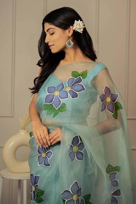 Buy_Mangalmay By Aastha_Blue Saree Pure Organza Hand Painted Botanical With Unstitched Blouse Piece _Online_at_Aza_Fashions