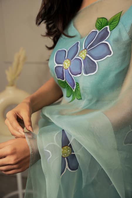 Shop_Mangalmay By Aastha_Blue Saree Pure Organza Hand Painted Botanical With Unstitched Blouse Piece _Online_at_Aza_Fashions