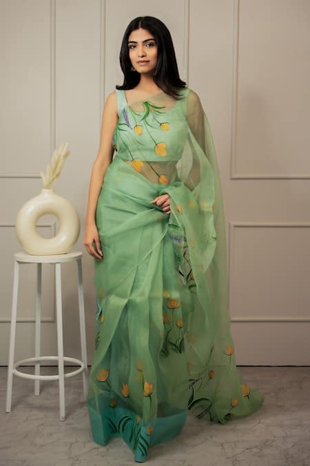 Mangalmay by Aastha Green Saree Pure Organza Hand Painted Tulip With Unstitched Blouse Piece 