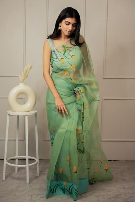 Mangalmay By Aastha_Green Organza, Modal Tulip Hand Painted Saree With Unstitched Blouse Piece _Online_at_Aza_Fashions