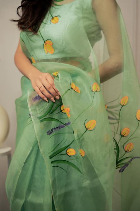 Buy_Mangalmay By Aastha_Green Organza, Modal Tulip Hand Painted Saree With Unstitched Blouse Piece _Online_at_Aza_Fashions