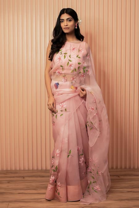 Mangalmay by Aastha Pink Saree Pure Organza Hand Butterflies With Unstitched Blouse Piece 