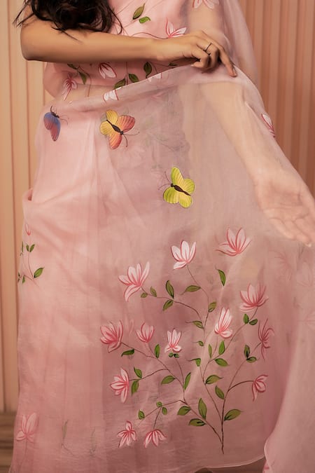 Buy_Mangalmay By Aastha_Pink Organza, Modal Butterflies Hand Painted Saree With Unstitched Blouse Piece _Online_at_Aza_Fashions