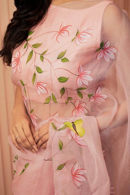 Shop_Mangalmay By Aastha_Pink Organza, Modal Butterflies Hand Painted Saree With Unstitched Blouse Piece _Online_at_Aza_Fashions