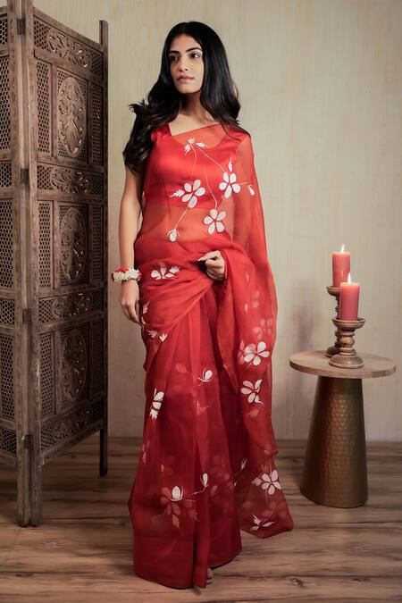 Buy_Mangalmay By Aastha_Red Saree Pure Organza Hand Painted Bloom With Unstitched Blouse Piece _Online_at_Aza_Fashions