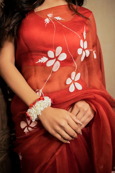 Shop_Mangalmay By Aastha_Red Saree Pure Organza Hand Painted Bloom With Unstitched Blouse Piece _Online_at_Aza_Fashions