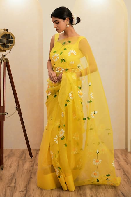 Mangalmay By Aastha_Yellow Organza, Modal Daisy Hand Painted Saree With Unstitched Blouse Piece _Online_at_Aza_Fashions