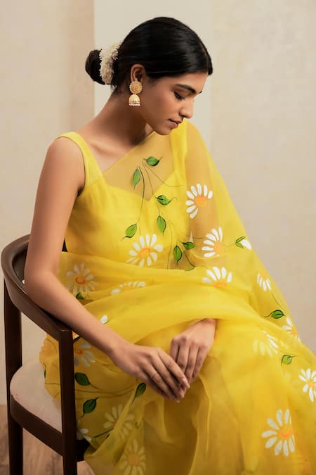 Shop_Mangalmay By Aastha_Yellow Organza, Modal Daisy Hand Painted Saree With Unstitched Blouse Piece _Online_at_Aza_Fashions