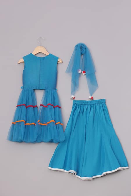 Shop Turqidz By Shweta Aggarwal Blue Net, Silk Embroidery, Sequins, Mirrors, Lace Thread Tunic Sharara Set at Aza Fashions Shop_Turqidz By Shweta Aggarwal_Blue Net, Silk Embroidery, Sequins, Mirrors, Lace Thread Tunic Sharara Set _at_Aza_Fashions