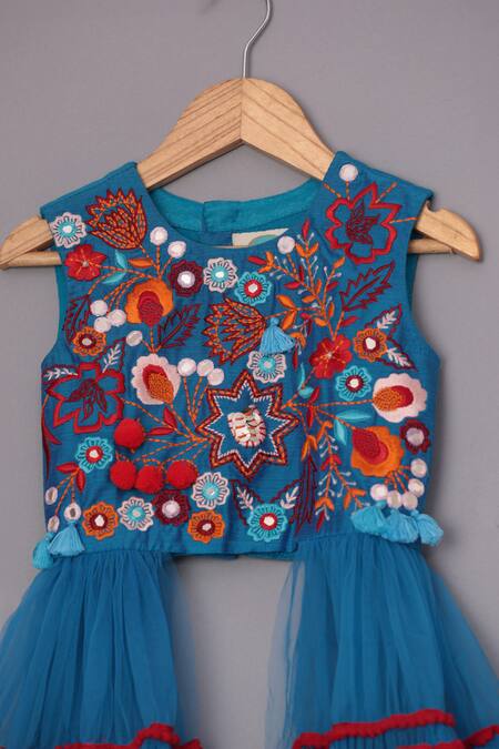 Shop_Turqidz By Shweta Aggarwal_Blue Net, Silk Embroidery, Sequins, Mirrors, Lace Thread Tunic Sharara Set _Online_at_Aza_Fashions