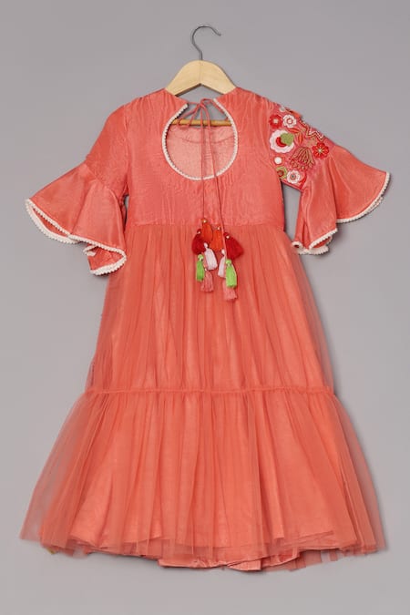 Shop Turqidz By Shweta Aggarwal Orange Tulle, Silk Tassels, Embroidery Thread Yoke Tiered Dress at Aza Fashions Shop_Turqidz By Shweta Aggarwal_Orange Tulle, Silk Tassels, Embroidery Thread Yoke Tiered Dress _at_Aza_Fashions